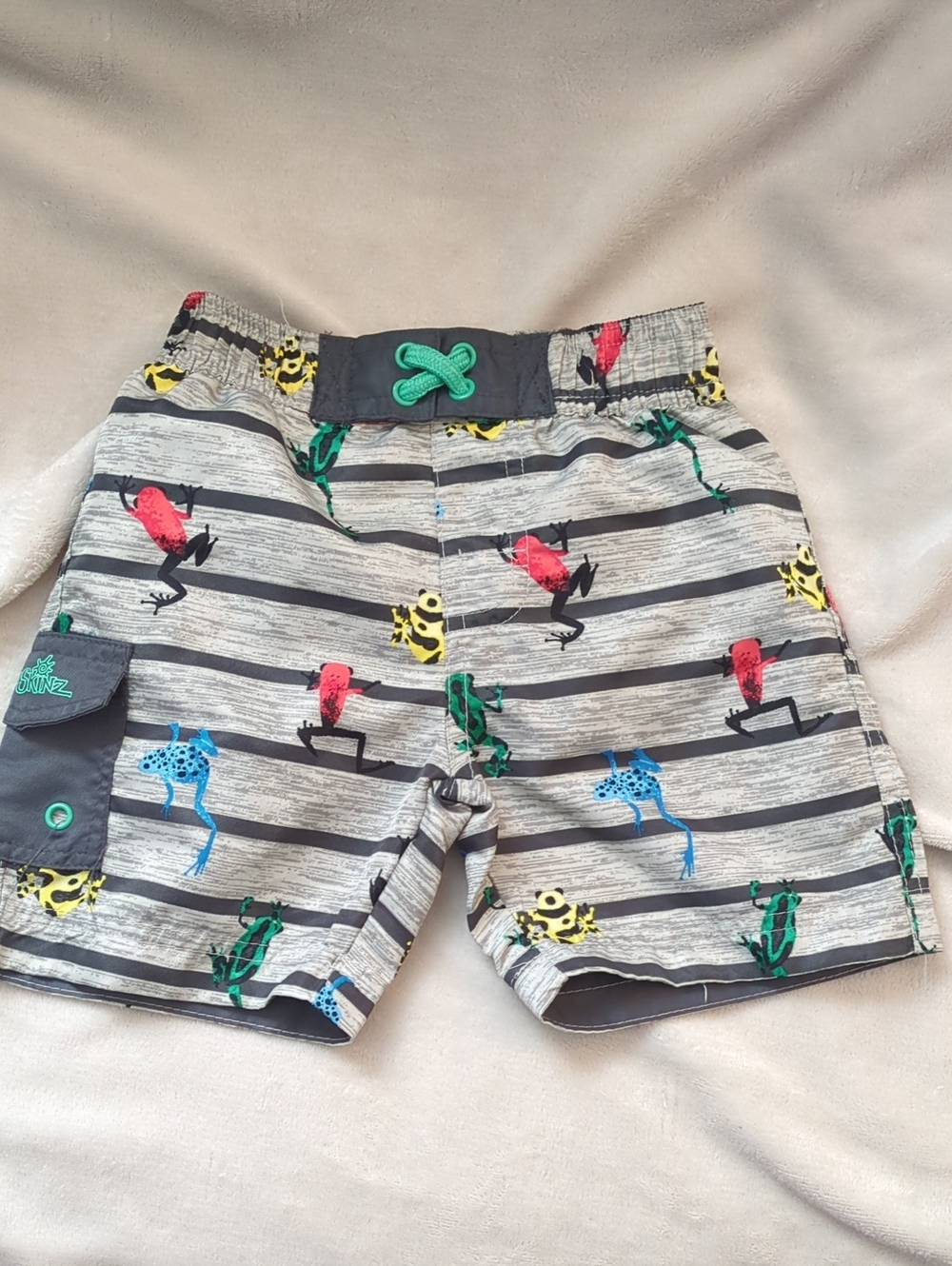 Grey Striped Kids Swim Shorts with Colorful Frog Print